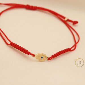 14K Solid Gold Hamsa Hand Evil Eye Red String Protection Bracelet